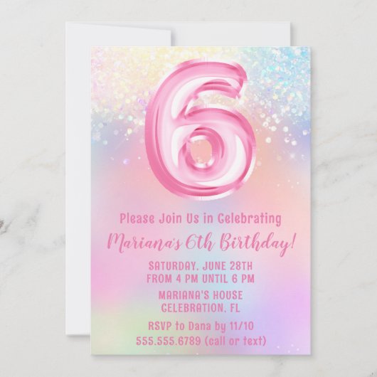 Rosa Regenbogen 6. Geburtstag Einladung (Vorderseite)