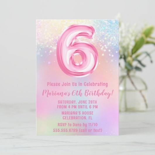 Rosa Regenbogen 6. Geburtstag Einladung (Stehend Vorderseite)