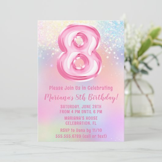 Rosa Regenbogen 8. Geburtstag Einladung (Stehend Vorderseite)