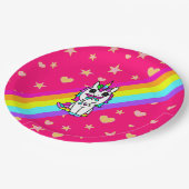 Rosa Regenbogen Einhorn mit Schmetterling auf Nase Pappteller (Schrägansicht)