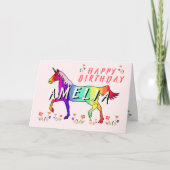 Rosa Regenbogen Einhornblume Mädchen Glücklich Geb Karte (Vorderseite)