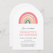 Rosa Regenbogen Einladung zum 1. Geburtstag (Vorne/Hinten)