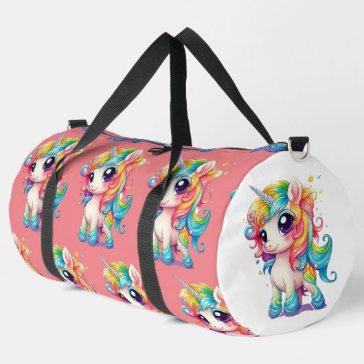 Rosa Regenbogen Girly Unicorn Groß Duffle Bag (Linke Ecke)