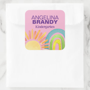 Rosa Regenbogen & Sonne Erster Tag der Schule Kind Quadratischer Aufkleber