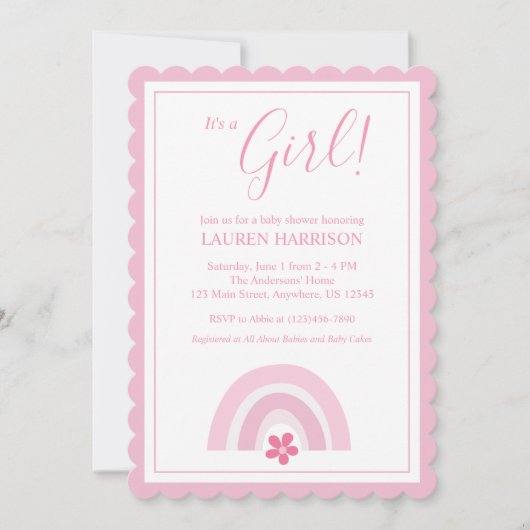 Rosa Regenbogen und Blume Kinderdusche Einladung (Vorderseite)