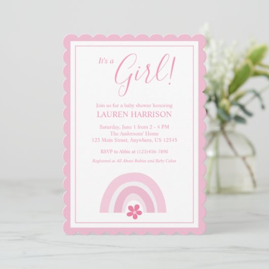 Rosa Regenbogen und Blume Kinderdusche Einladung (Stehend Vorderseite)