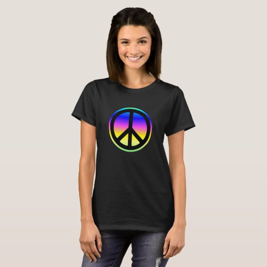 Rosa Regenbogenfarben mit schwarzem Friedenssymbol T-Shirt (Vorne ganz)