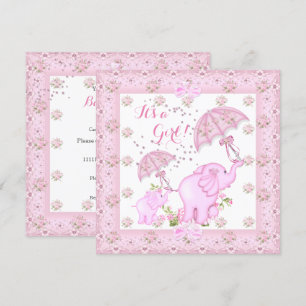 Rosa Regenschirm Elephant Calf Baby Shower Girl 2 Einladung