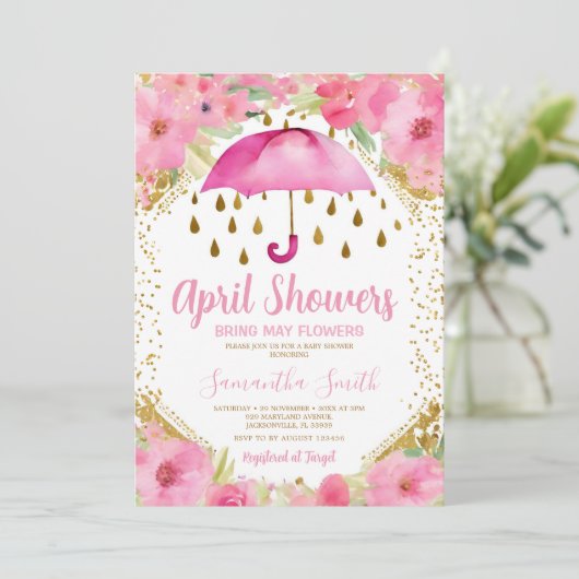 Rosa Regenschirm im April Duschen bringen Mai Blum Einladung (Stehend Vorderseite)