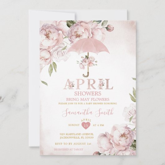 Rosa Regenschirm im April Duschen bringen Mai Blum Einladung (Vorderseite)
