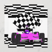 rosa Rennwagen mit karierte Flagge (Anfrage) Einladung (Vorne/Hinten)