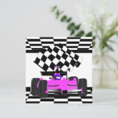 rosa Rennwagen mit karierte Flagge (Anfrage) Einladung (Stehend Vorderseite)