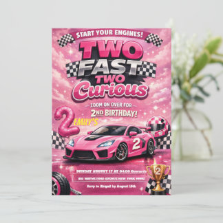 Rosa Rennwagen Two Fast Two Curious 2. Geburtstag  Einladung