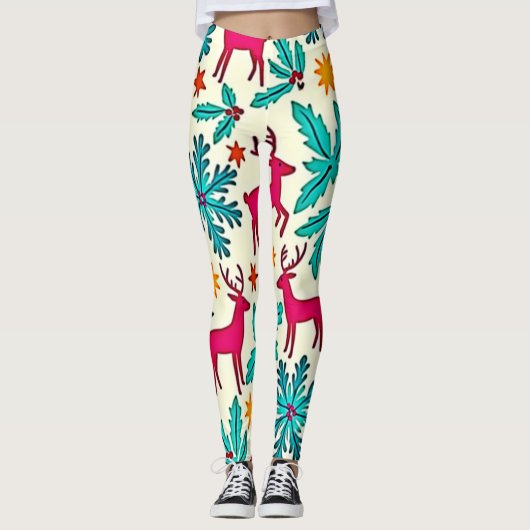 Rosa-Rentier-Türkisbaum-Musterdesign Leggings (Vorderseite)