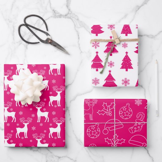 Rosa Rentier, Weihnachtsbaum und Urlaubsmuster Geschenkpapier Set (Vorderseite)