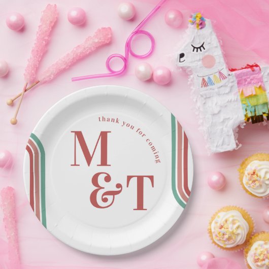 Rosa | Retro 70 Streifen | Hochzeitsmonogramm Pappteller (Party)