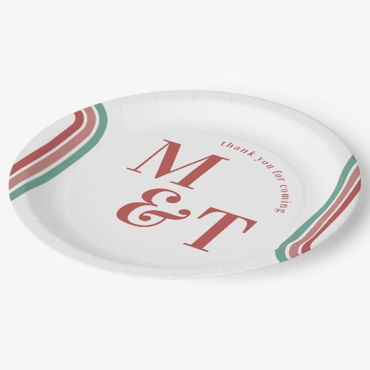 Rosa | Retro 70 Streifen | Hochzeitsmonogramm Pappteller (Schrägansicht)