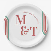 Rosa | Retro 70 Streifen | Hochzeitsmonogramm Pappteller (Vorderseite)