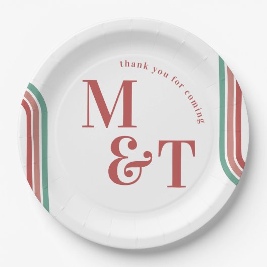 Rosa | Retro 70 Streifen | Hochzeitsmonogramm Pappteller (Vorderseite)