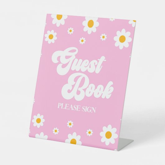 Rosa Retro 70's Daisy Blume Guest Book Party Sign Sockelschild (Vorderseite)
