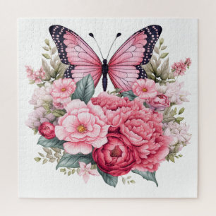 Rosa Retro-Aquarell-Schmetterling und Blumen Puzzle