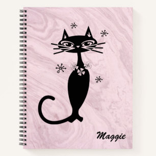Rosa Retro-Atom-Katze Personalisiertes Spiralnotiz Notizblock