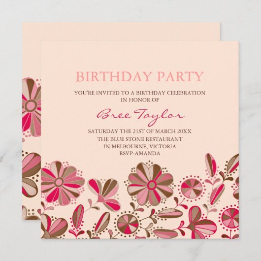 Rosa Retro Blume Design Geburtstag Einladung (Vorne/Hinten)