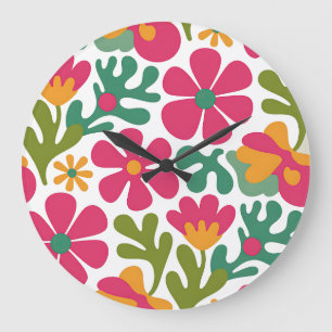 Rosa Retro-Blumen Groovy nahtloses Muster Große Wanduhr