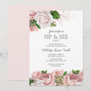 Rosa Retro-Blumen-Mädchen-Sip-See-Baby-Shower Einladung