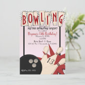 Rosa Retro Bowling Bowl Night Birthday Party Einladung (Stehend Vorderseite)