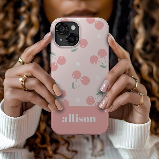 Rosa Retro Cherries Individuelle Name Monogramm Case-Mate iPhone Hülle