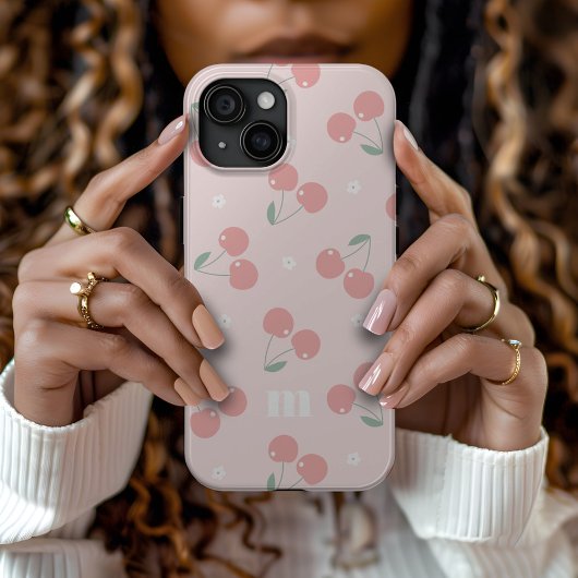 Rosa Retro Cherries Individuelle Name Monogramm Case-Mate iPhone Hülle