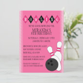 Rosa Retro Custom Bowling Geburtstagspartei Einladung (Stehend Vorderseite)