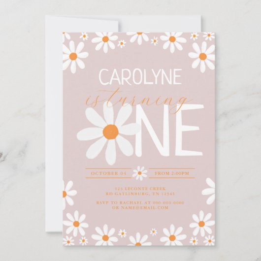 Rosa Retro Daisy Erstgeburtstag Party Einladungen (Vorderseite)