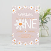 Rosa Retro Daisy Erstgeburtstag Party Einladungen (Stehend Vorderseite)