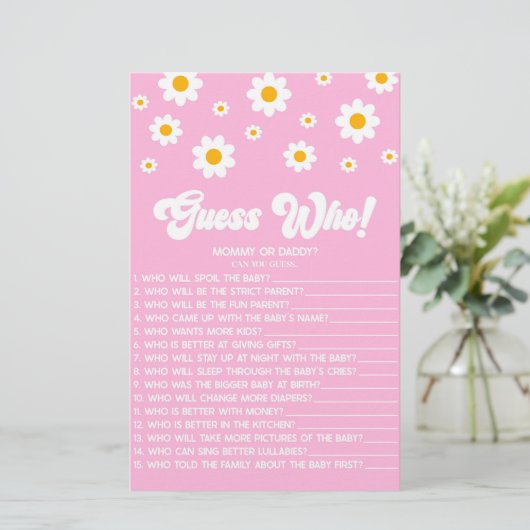 Rosa Retro Daisy Guess Who! Baby Shower Game Briefpapier (Stehend Vorderseite)