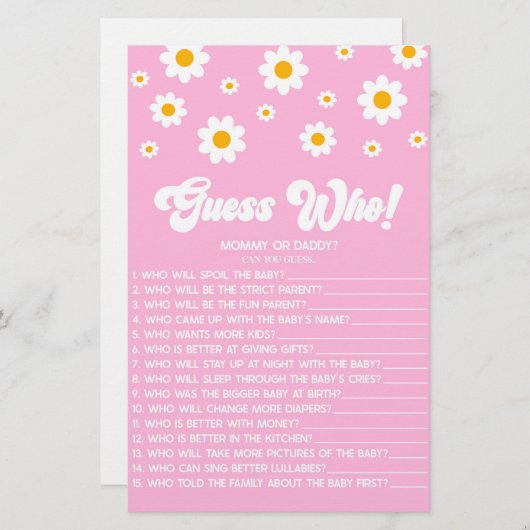 Rosa Retro Daisy Guess Who! Baby Shower Game Briefpapier (Vorne/Hinten)