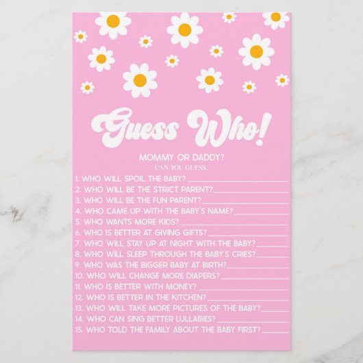 Rosa Retro Daisy Guess Who! Baby Shower Game Briefpapier (Vorderseite)