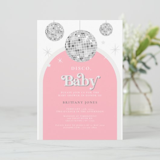 Rosa Retro Disco BABY, Kinderdusche Einladung (Stehend Vorderseite)