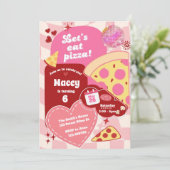 Rosa Retro-Disco-Mädchen-Pizza-Party Bunt Einladung (Stehend Vorderseite)