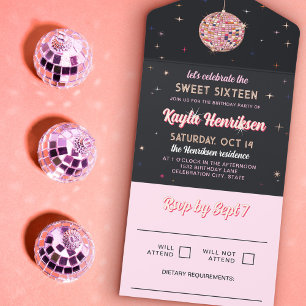 Rosa Retro Discoball-Flaches Sweet 16 Party All-in-One-Einladung