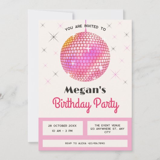 Rosa Retro-Diskothek Einladung (Vorderseite)