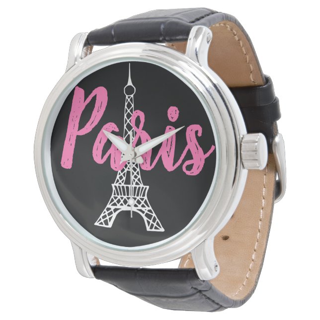 Rosa Retro Eiffelturm Paris Frauenschau Armbanduhr (Schrägansicht)
