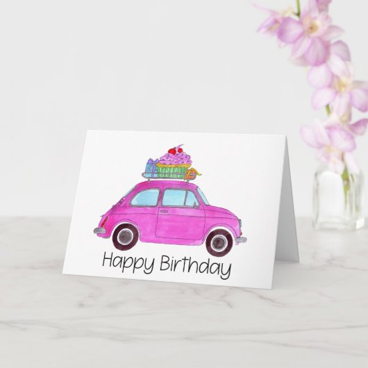 Rosa Retro Fiat 500 Geburtstag Karte (Orchidee)