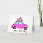 Rosa Retro Fiat 500 Geburtstag Karte (Vorderseite)