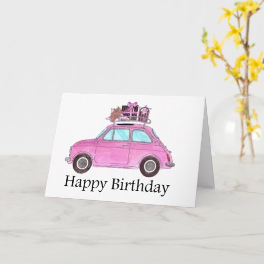 Rosa Retro Fiat 500 Geburtstag Karte (Gelbe Blume)