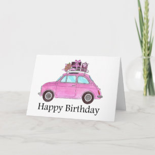 Rosa Retro Fiat 500 Geburtstag Karte
