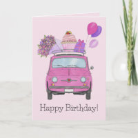 Rosa Retro-Fiat-500-Geburtstagskarte