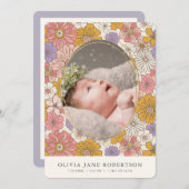 Rosa Retro Floral Girl Foto Geburtsankündigung Einladung (Vorne/Hinten)