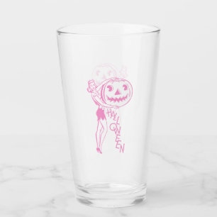 Rosa Retro-Halloween-Dame mit Kürbis-Glas-Tasse Glas